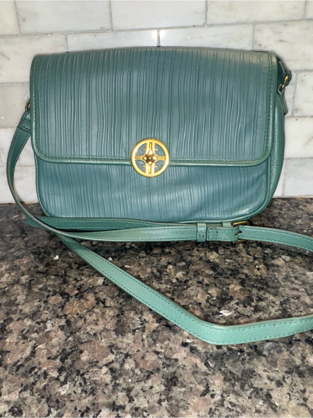 Fossil Teal Green Leather Crossbody with Gold Accent